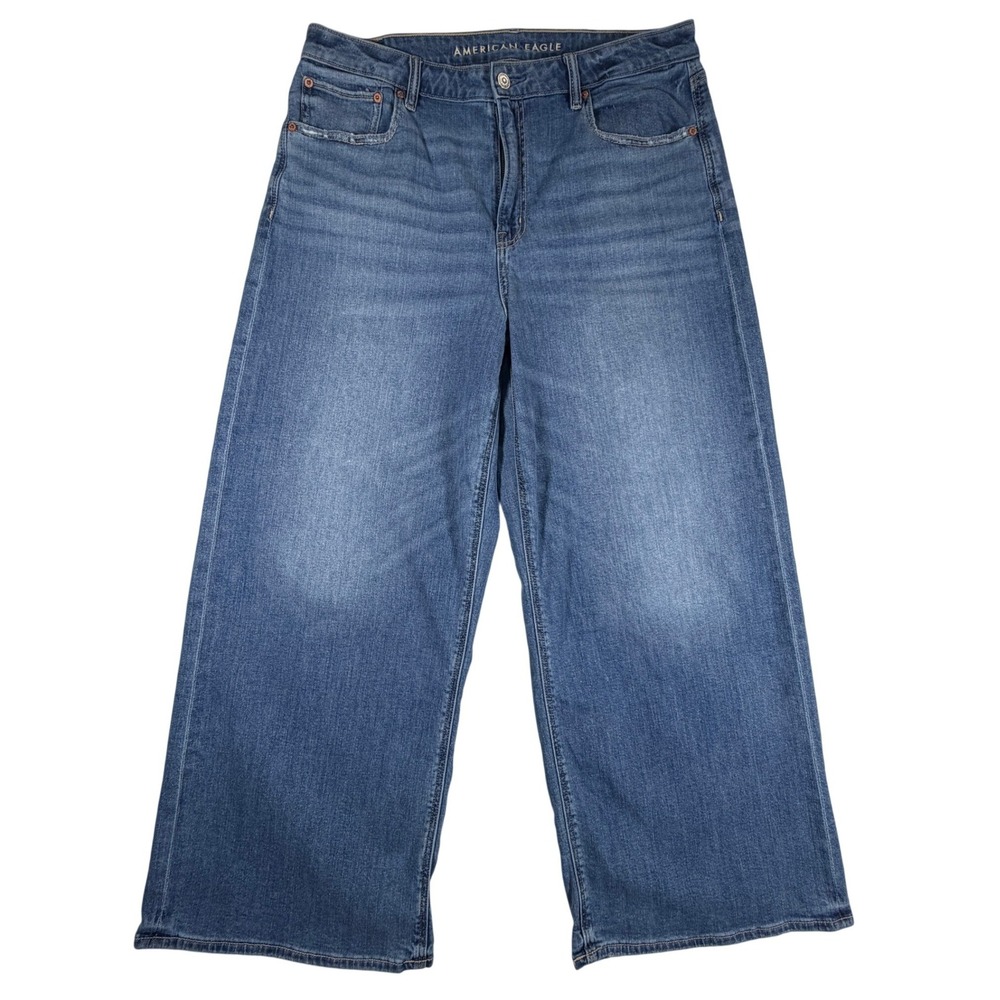 American Eagle Super High-Rise Baggy Wide Leg Jeans Medium Wash Blue 12 Short